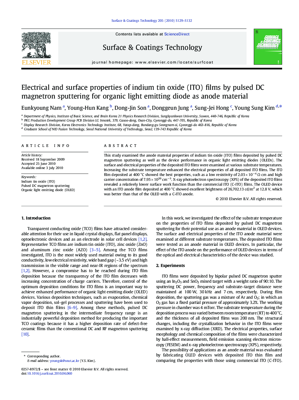 Electrical and surface properties of indium tin oxide (ITO) films by pulsed DC magnetron sputtering for organic light emitting diode as anode material