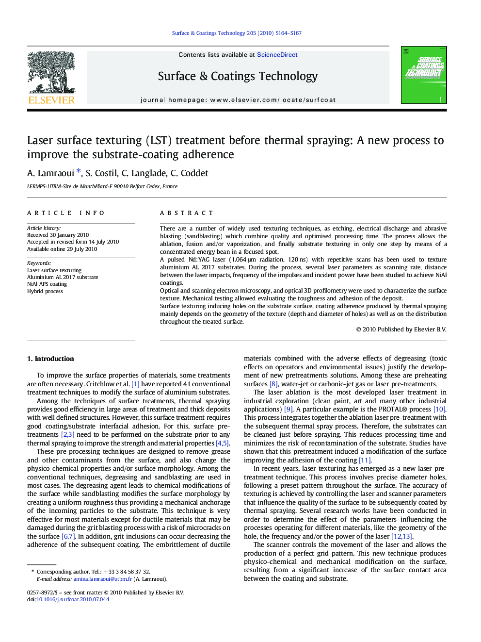 Laser surface texturing (LST) treatment before thermal spraying: A new process to improve the substrate-coating adherence