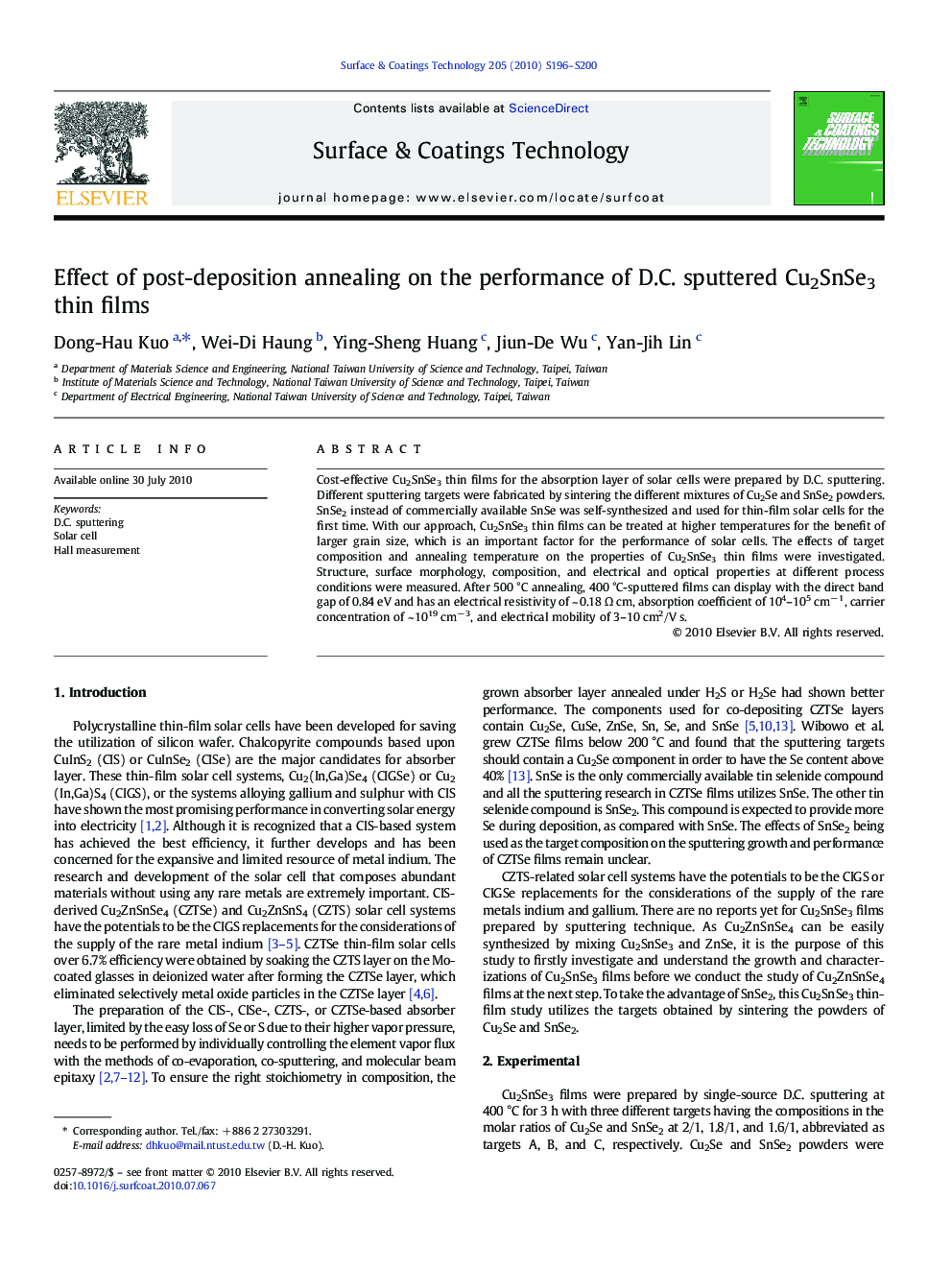 Effect of post-deposition annealing on the performance of D.C. sputtered Cu2SnSe3 thin films