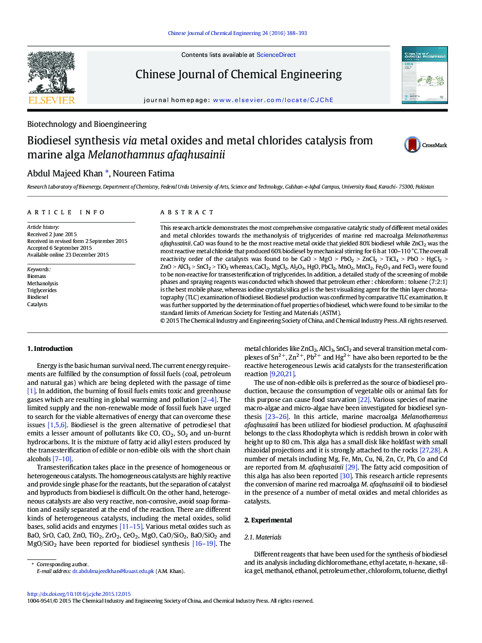 Biodiesel synthesis via metal oxides and metal chlorides catalysis from marine alga Melanothamnus afaqhusainii