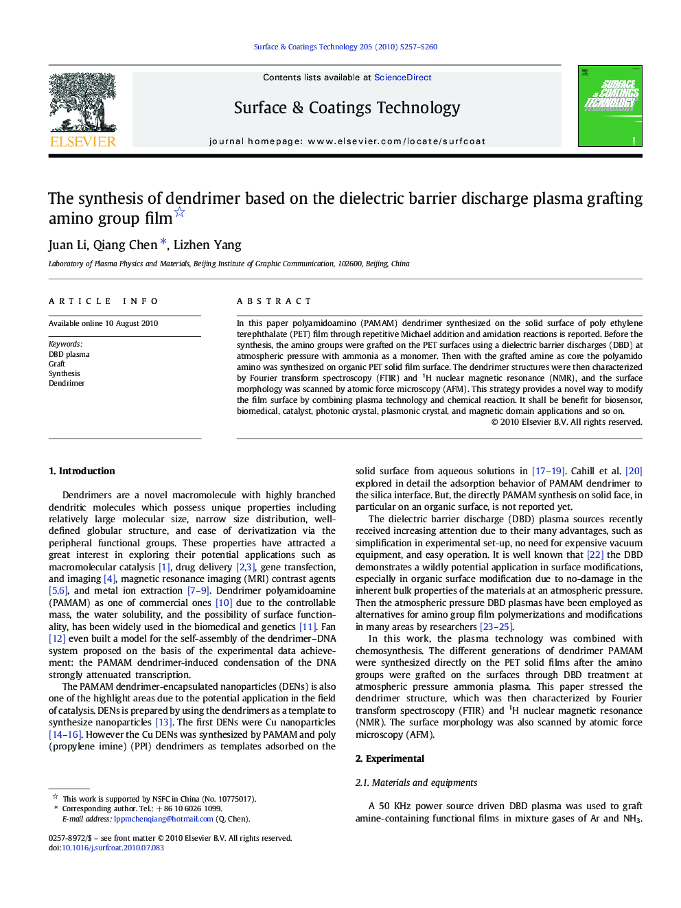 The synthesis of dendrimer based on the dielectric barrier discharge plasma grafting amino group film 