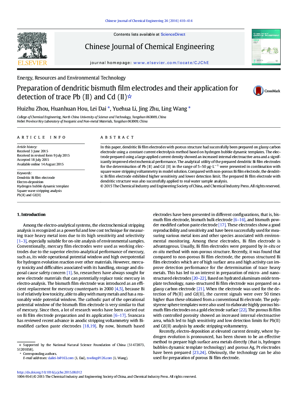 Preparation of dendritic bismuth film electrodes and their application for detection of trace Pb (II) and Cd (II) 