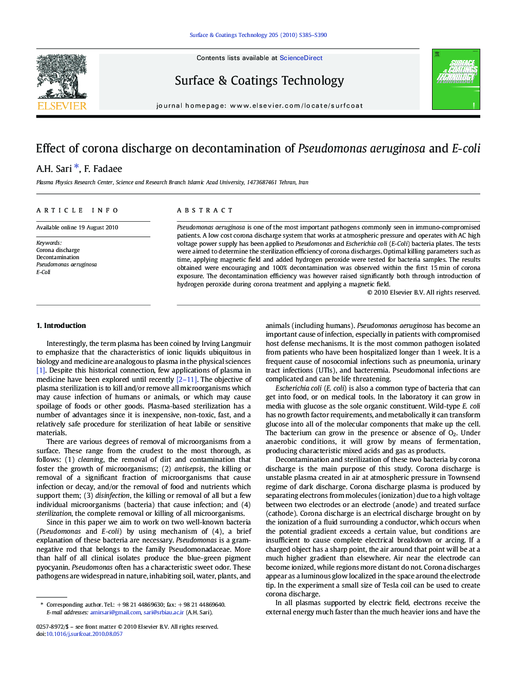 Effect of corona discharge on decontamination of Pseudomonas aeruginosa and E-coli