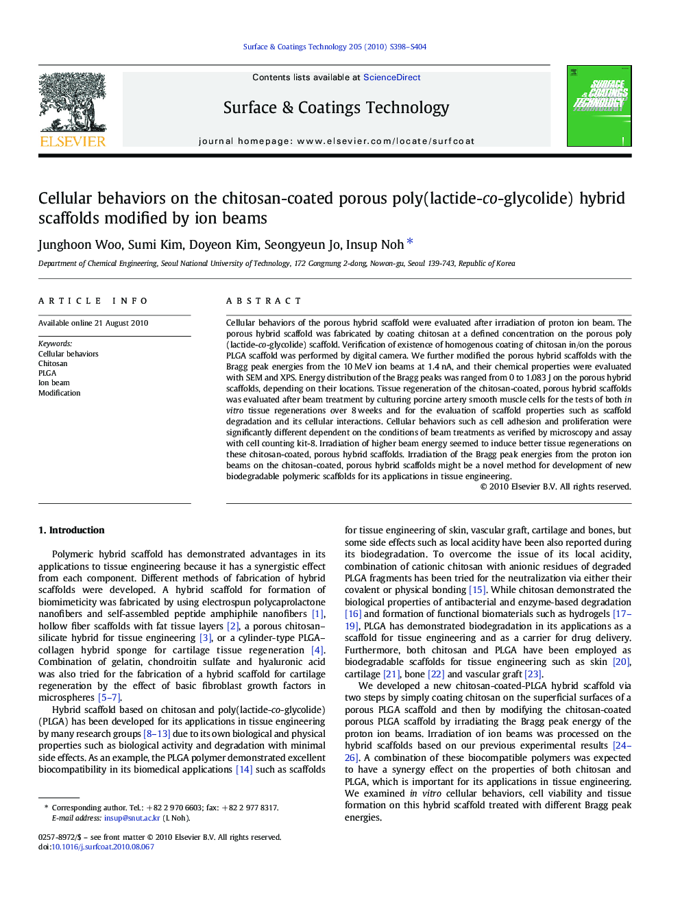 Cellular behaviors on the chitosan-coated porous poly(lactide-co-glycolide) hybrid scaffolds modified by ion beams