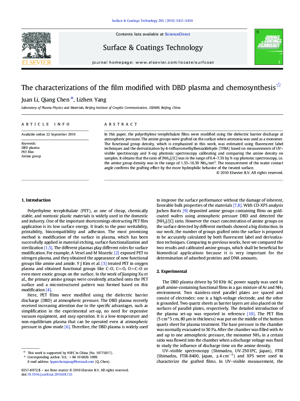 The characterizations of the film modified with DBD plasma and chemosynthesis