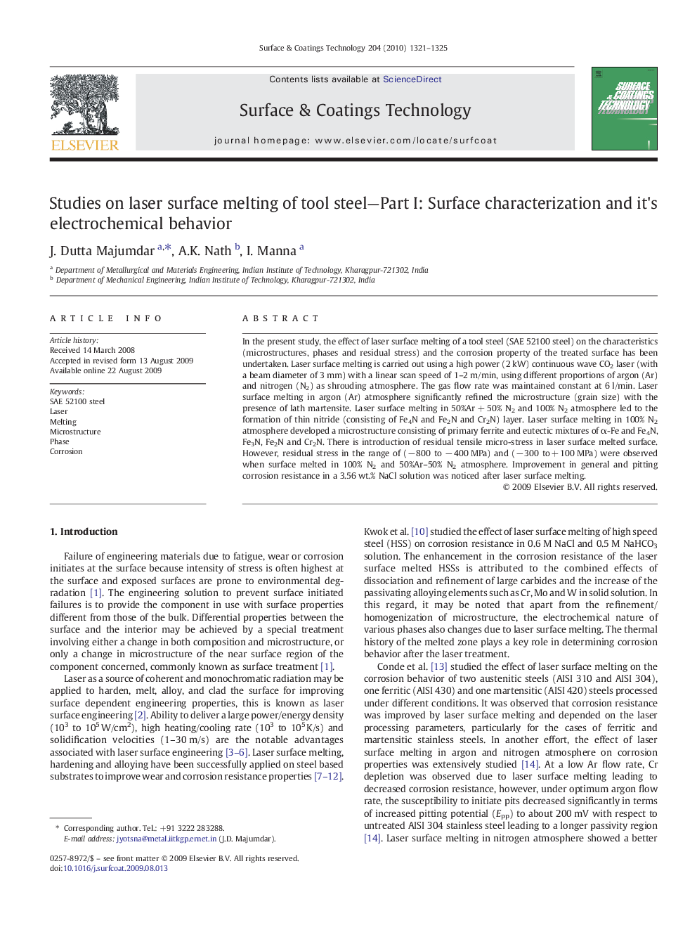 Studies on laser surface melting of tool steel—Part I: Surface characterization and it's electrochemical behavior