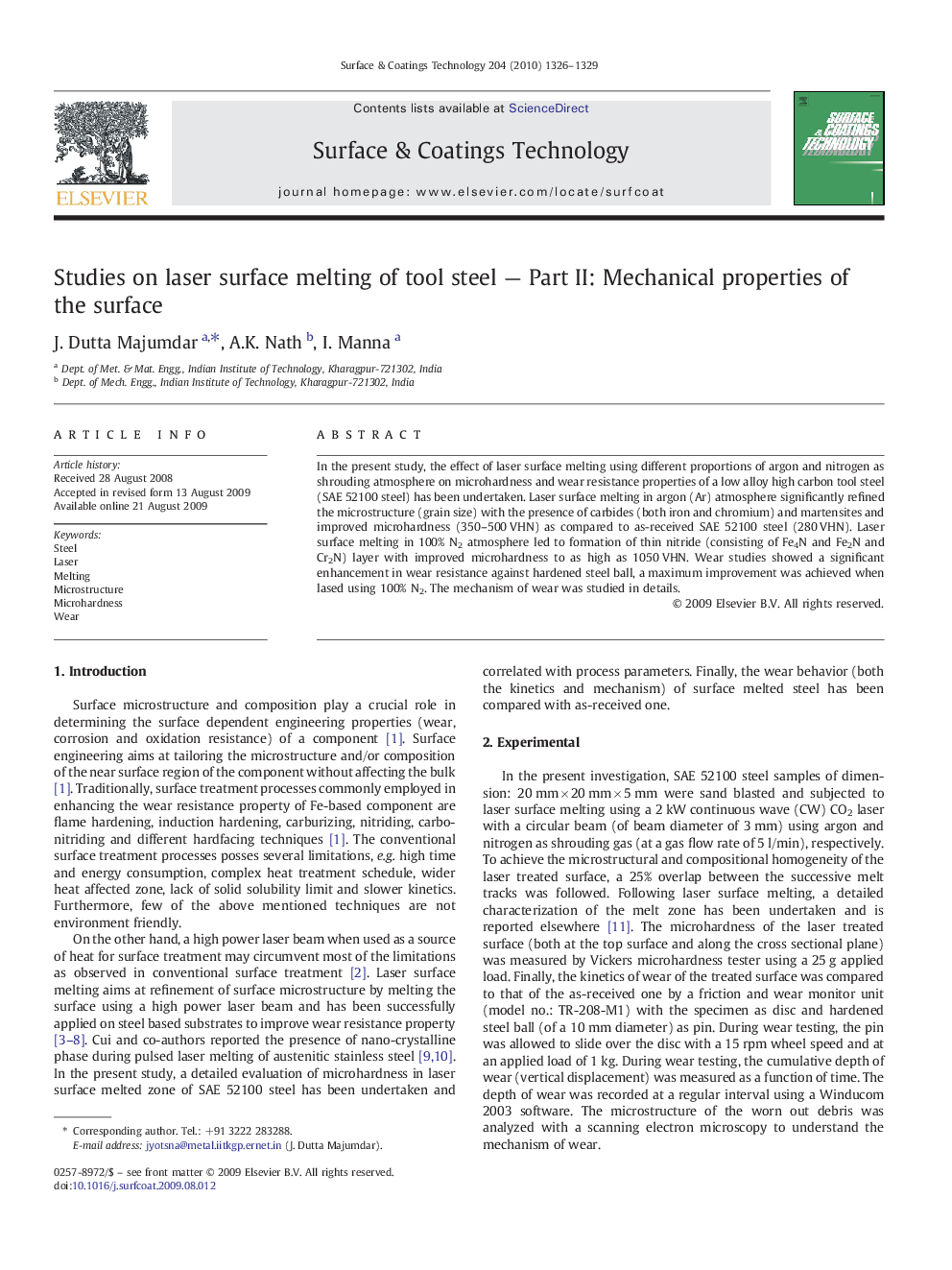 Studies on laser surface melting of tool steel — Part II: Mechanical properties of the surface