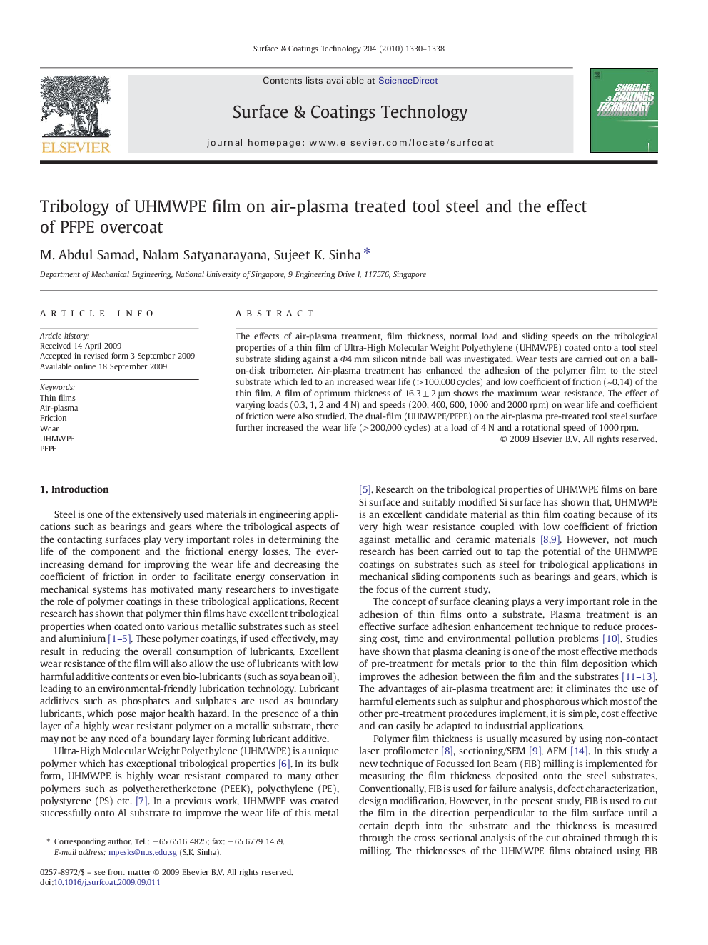 Tribology of UHMWPE film on air-plasma treated tool steel and the effect of PFPE overcoat