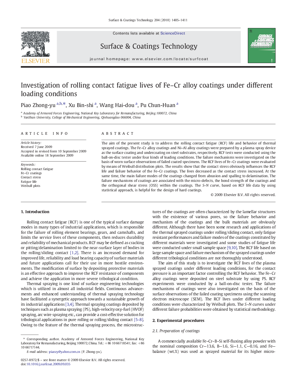 Investigation of rolling contact fatigue lives of Fe–Cr alloy coatings under different loading conditions