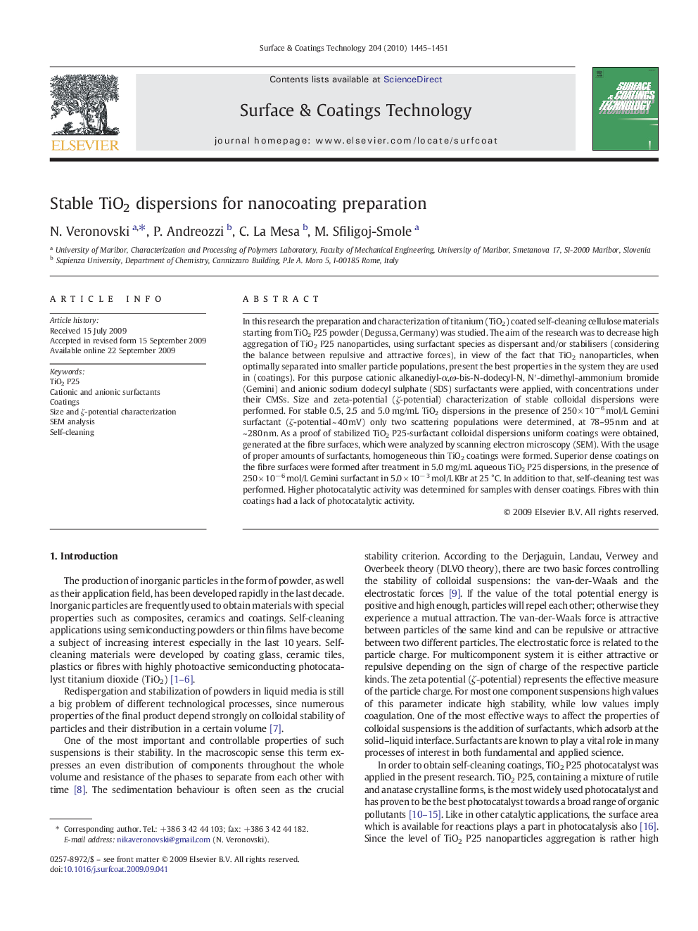 Stable TiO2 dispersions for nanocoating preparation