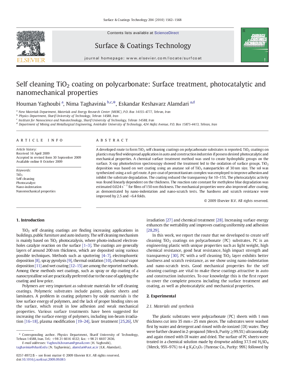 Self cleaning TiO2 coating on polycarbonate: Surface treatment, photocatalytic and nanomechanical properties