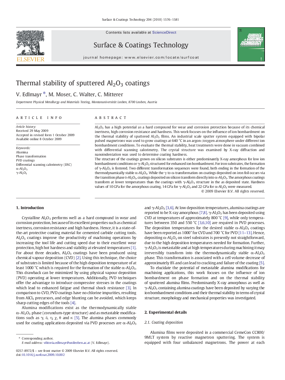 Thermal stability of sputtered Al2O3 coatings