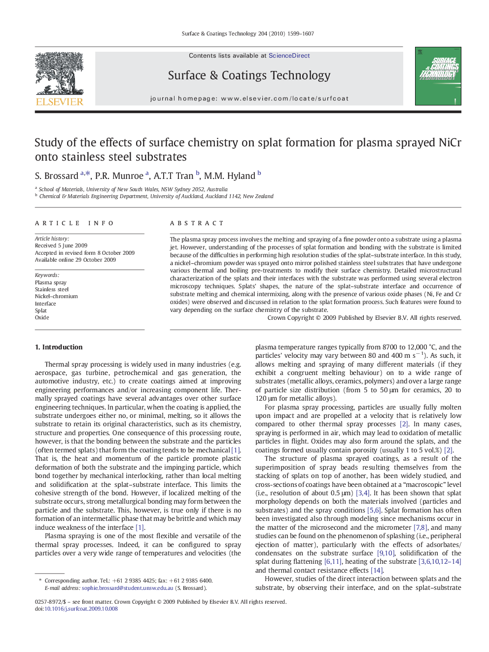 Study of the effects of surface chemistry on splat formation for plasma sprayed NiCr onto stainless steel substrates