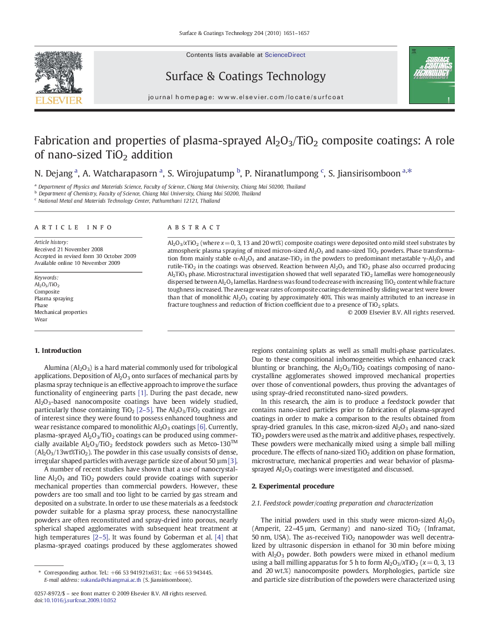 Fabrication and properties of plasma-sprayed Al2O3/TiO2 composite coatings: A role of nano-sized TiO2 addition