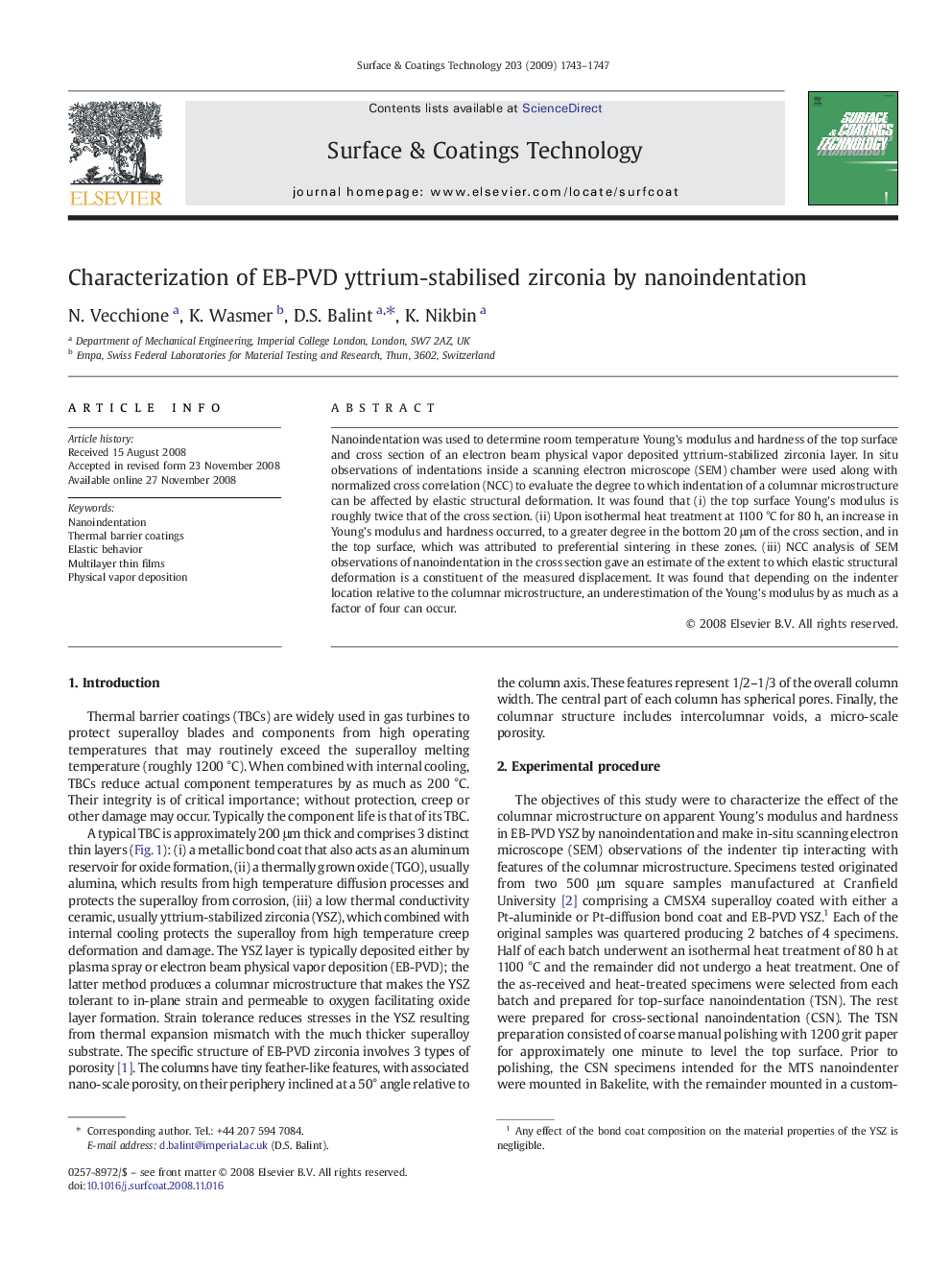 Characterization of EB-PVD yttrium-stabilised zirconia by nanoindentation