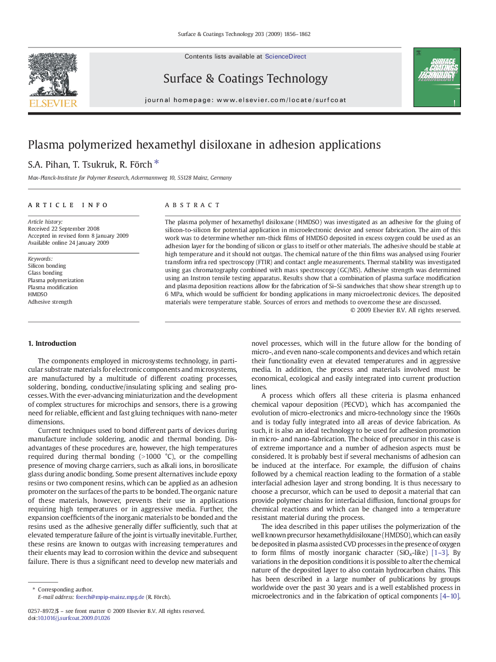 Plasma polymerized hexamethyl disiloxane in adhesion applications