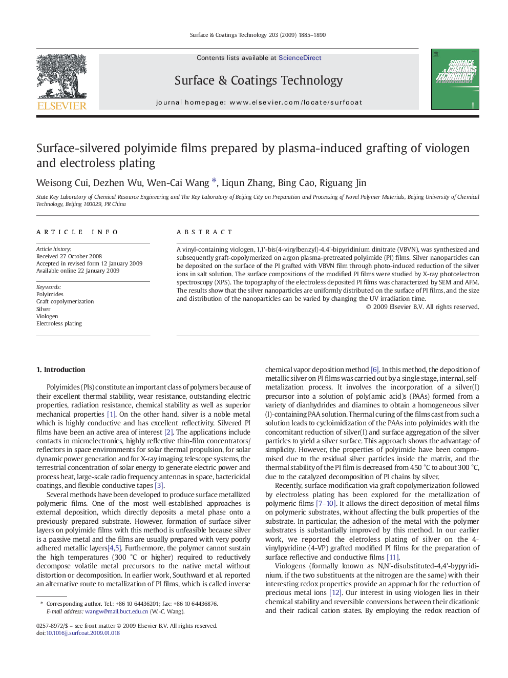 Surface-silvered polyimide films prepared by plasma-induced grafting of viologen and electroless plating