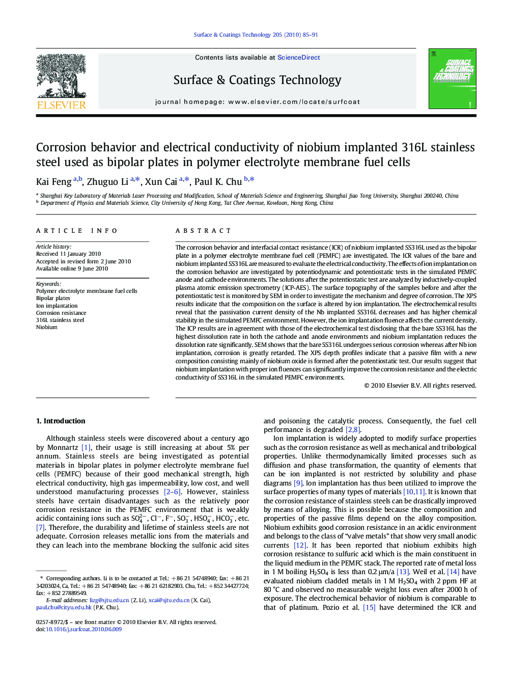 Corrosion behavior and electrical conductivity of niobium implanted 316L stainless steel used as bipolar plates in polymer electrolyte membrane fuel cells