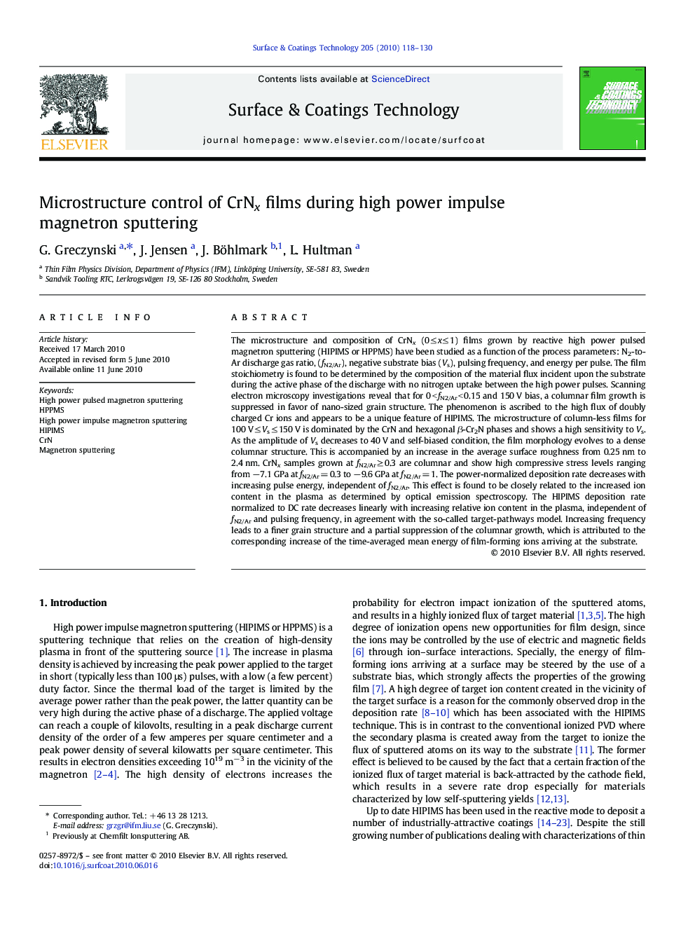 Microstructure control of CrNx films during high power impulse magnetron sputtering