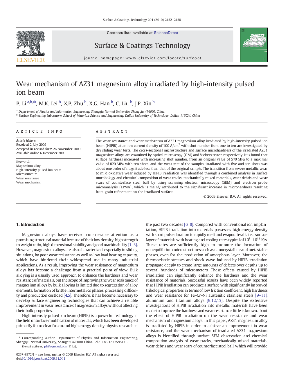 Wear mechanism of AZ31 magnesium alloy irradiated by high-intensity pulsed ion beam