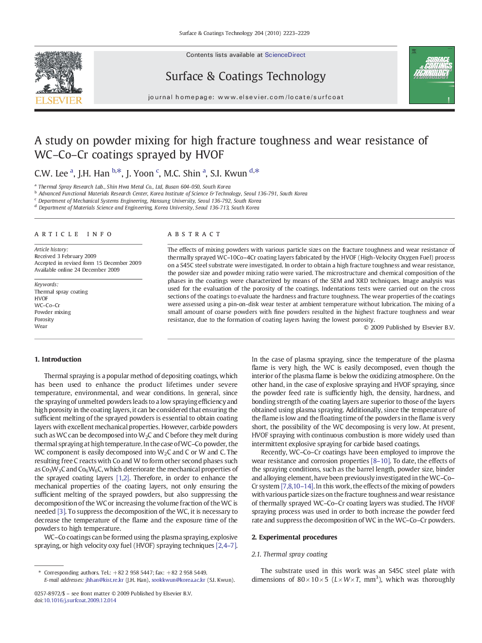 A study on powder mixing for high fracture toughness and wear resistance of WC–Co–Cr coatings sprayed by HVOF