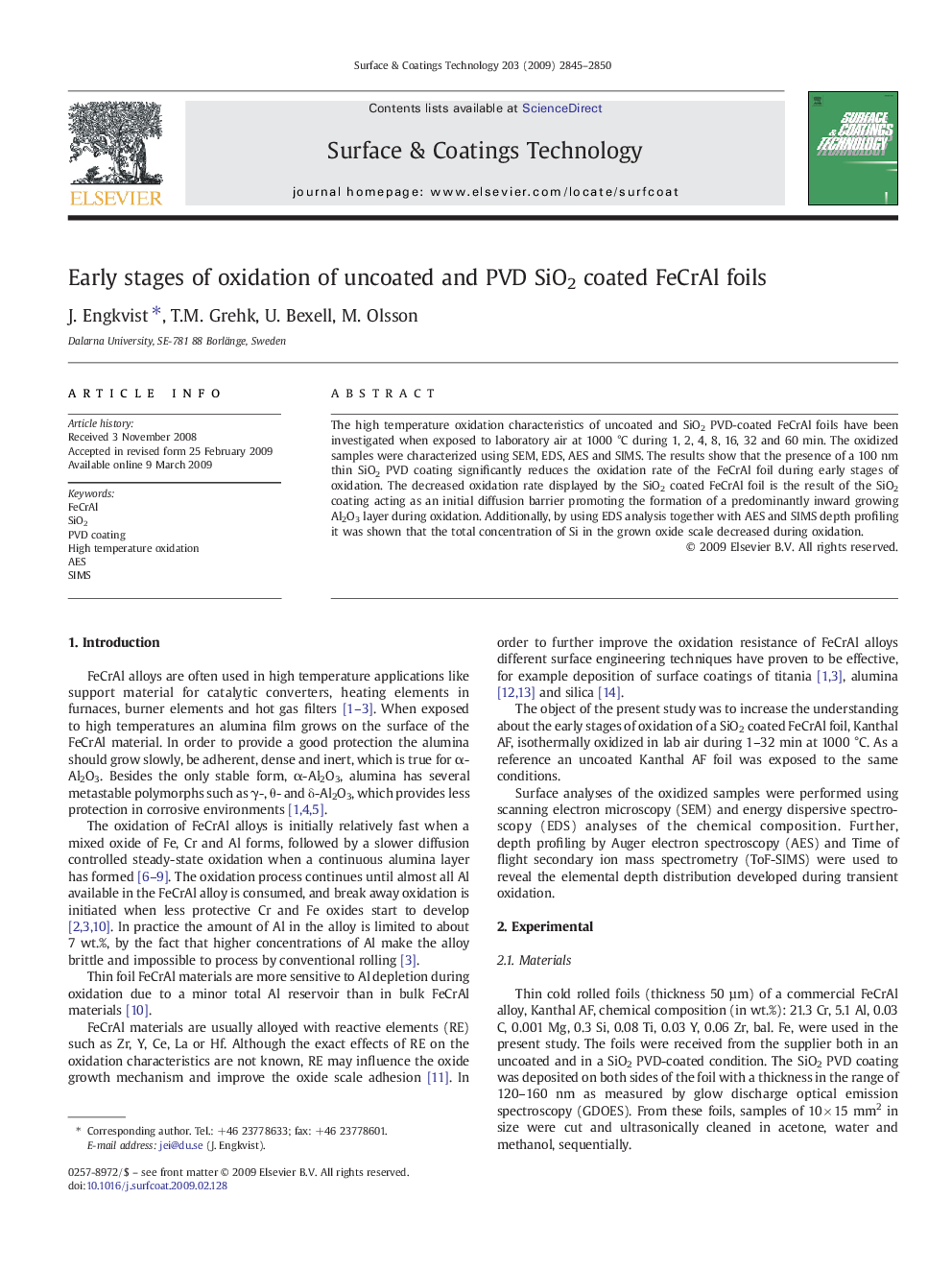 Early stages of oxidation of uncoated and PVD SiO2 coated FeCrAl foils