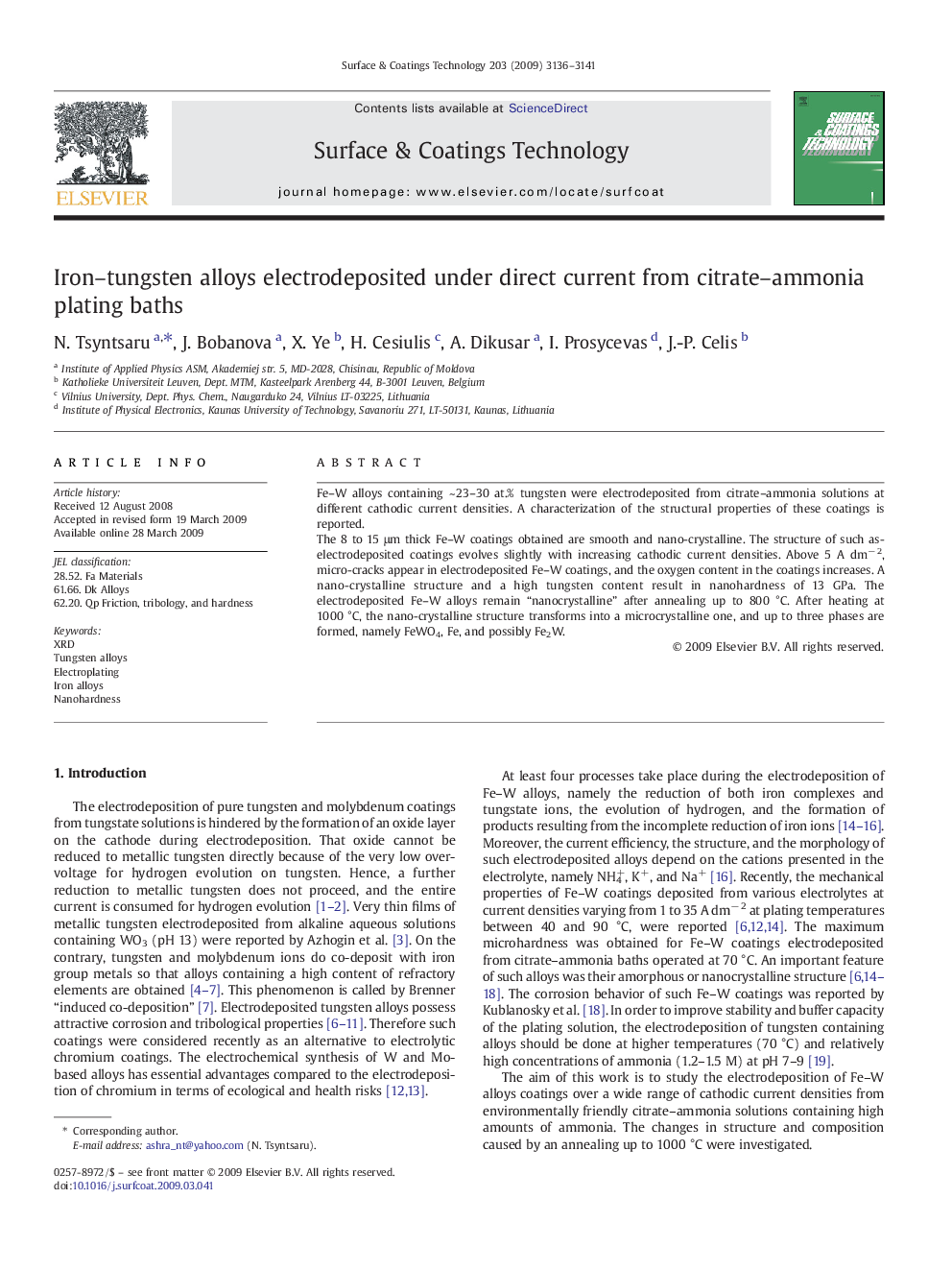 Iron–tungsten alloys electrodeposited under direct current from citrate–ammonia plating baths