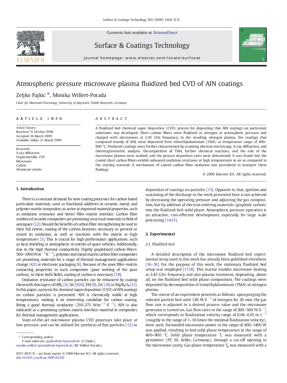 Atmospheric pressure microwave plasma fluidized bed CVD of AlN coatings