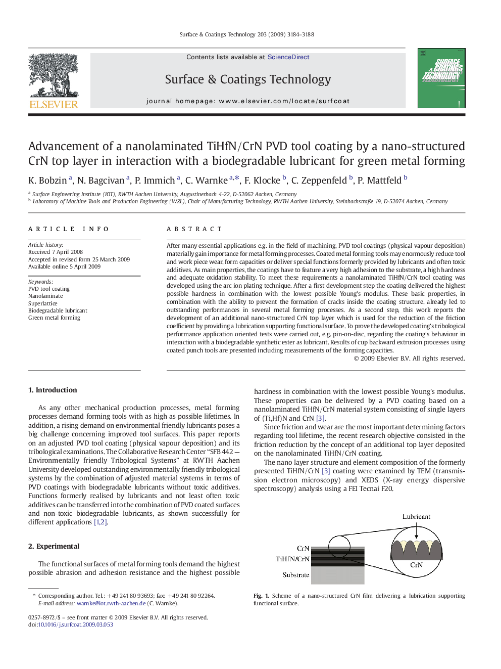 Advancement of a nanolaminated TiHfN/CrN PVD tool coating by a nano-structured CrN top layer in interaction with a biodegradable lubricant for green metal forming