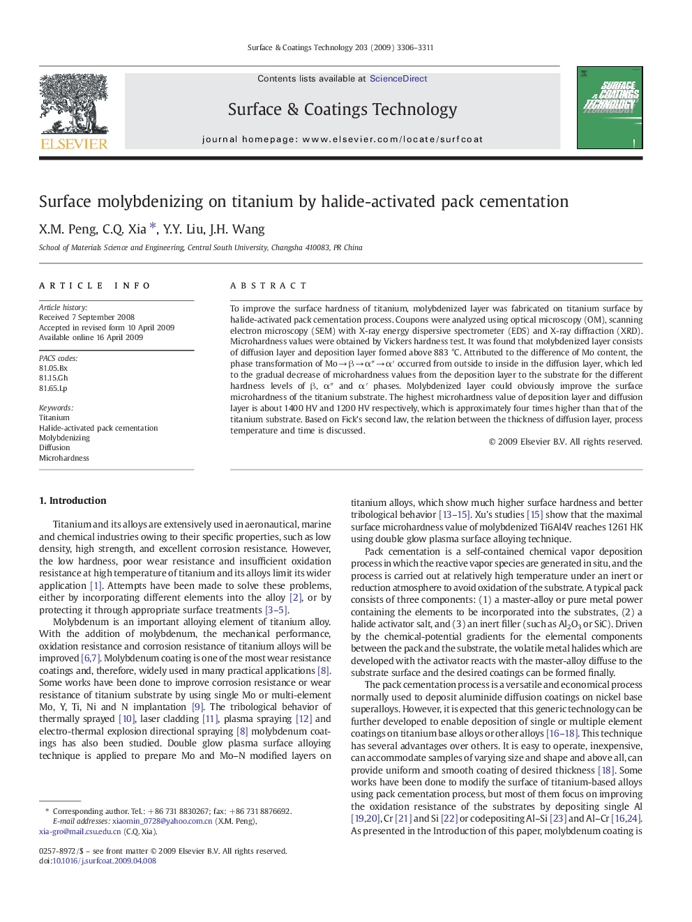 Surface molybdenizing on titanium by halide-activated pack cementation