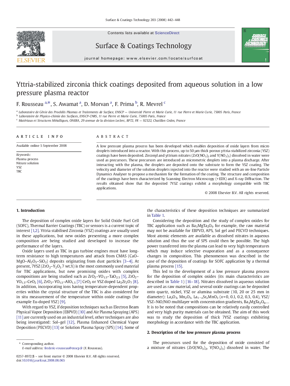 Yttria-stabilized zirconia thick coatings deposited from aqueous solution in a low pressure plasma reactor