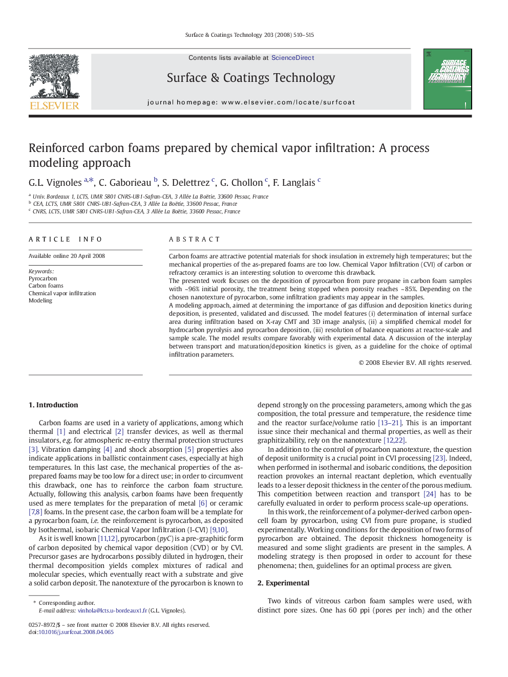 Reinforced carbon foams prepared by chemical vapor infiltration: A process modeling approach