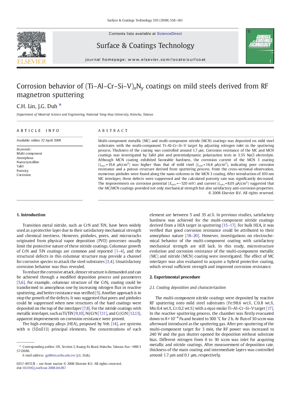 Corrosion behavior of (Ti–Al–Cr–Si–V)xNy coatings on mild steels derived from RF magnetron sputtering