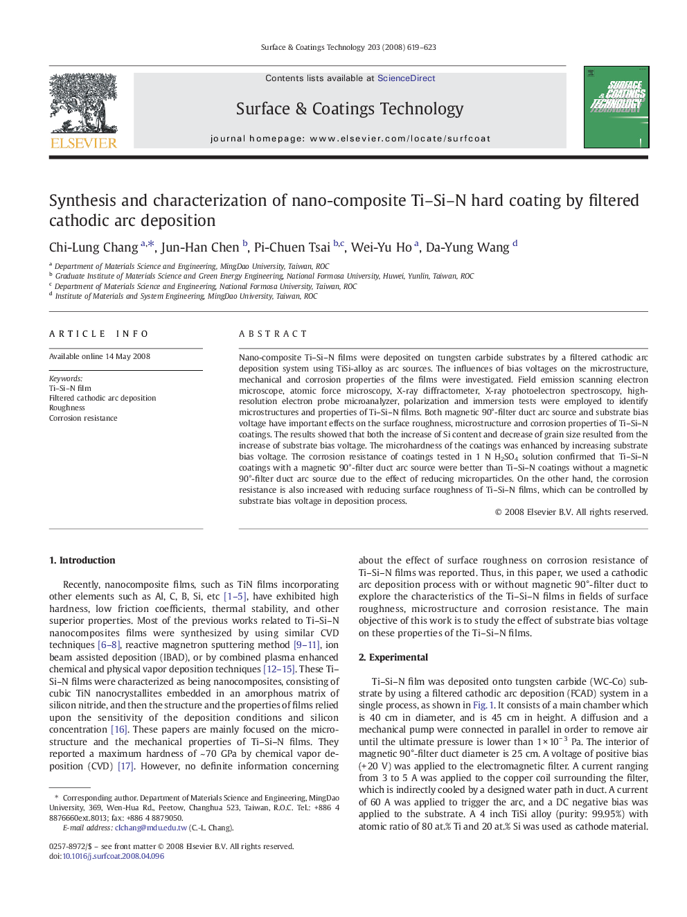 Synthesis and characterization of nano-composite Ti–Si–N hard coating by filtered cathodic arc deposition