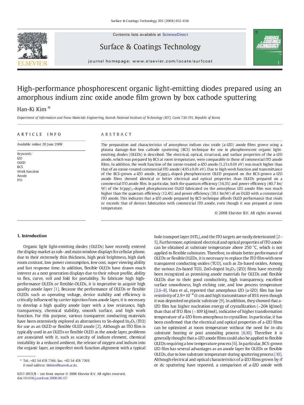 High-performance phosphorescent organic light-emitting diodes prepared using an amorphous indium zinc oxide anode film grown by box cathode sputtering