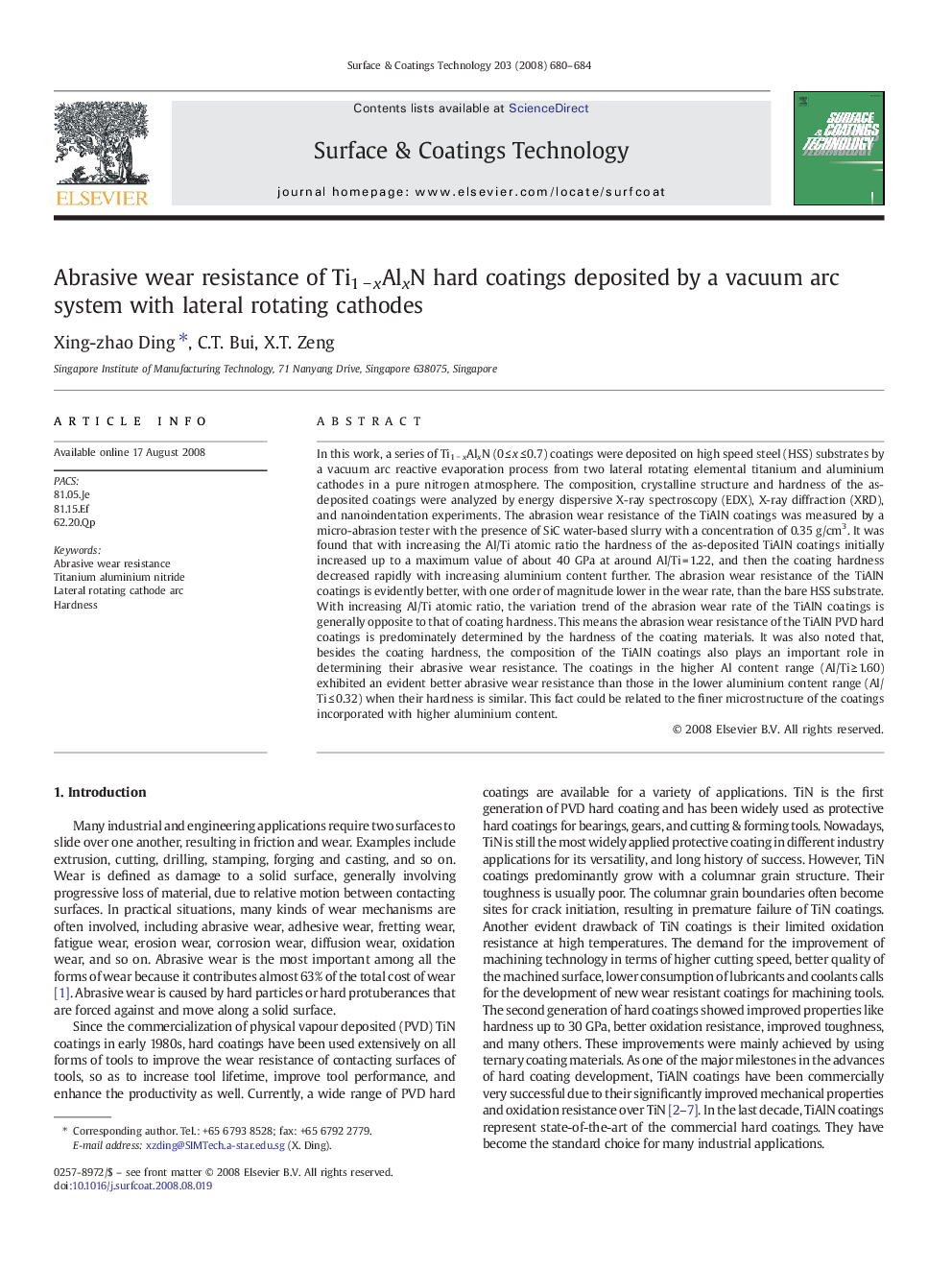 Abrasive wear resistance of Ti1 − xAlxN hard coatings deposited by a vacuum arc system with lateral rotating cathodes