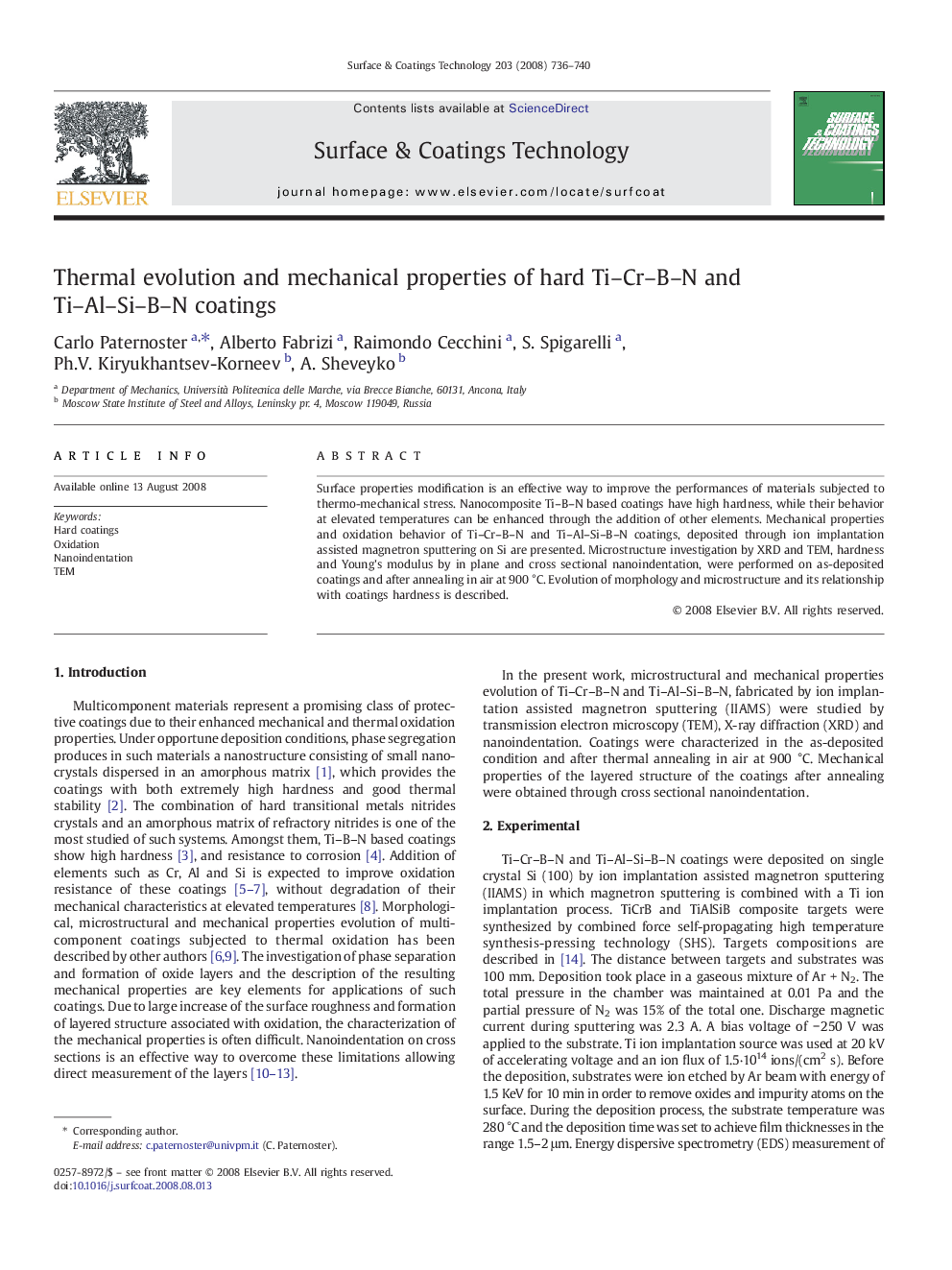 Thermal evolution and mechanical properties of hard Ti–Cr–B–N and Ti–Al–Si–B–N coatings