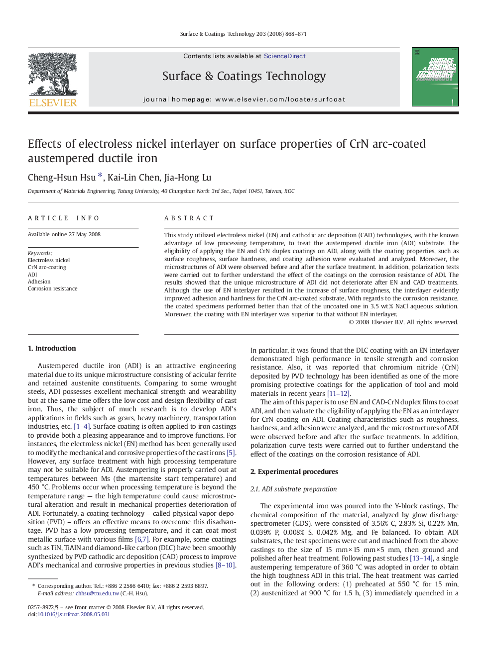 Effects of electroless nickel interlayer on surface properties of CrN arc-coated austempered ductile iron