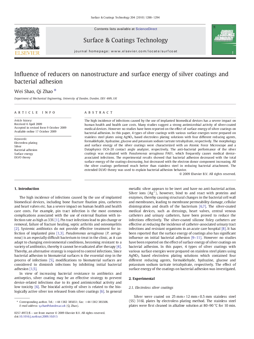 Influence of reducers on nanostructure and surface energy of silver coatings and bacterial adhesion