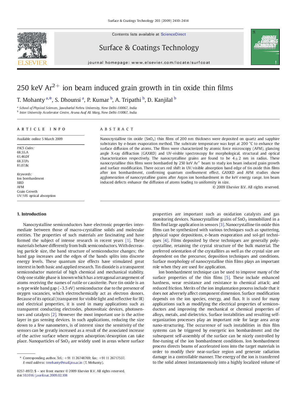 250Â keV Ar2+ ion beam induced grain growth in tin oxide thin films