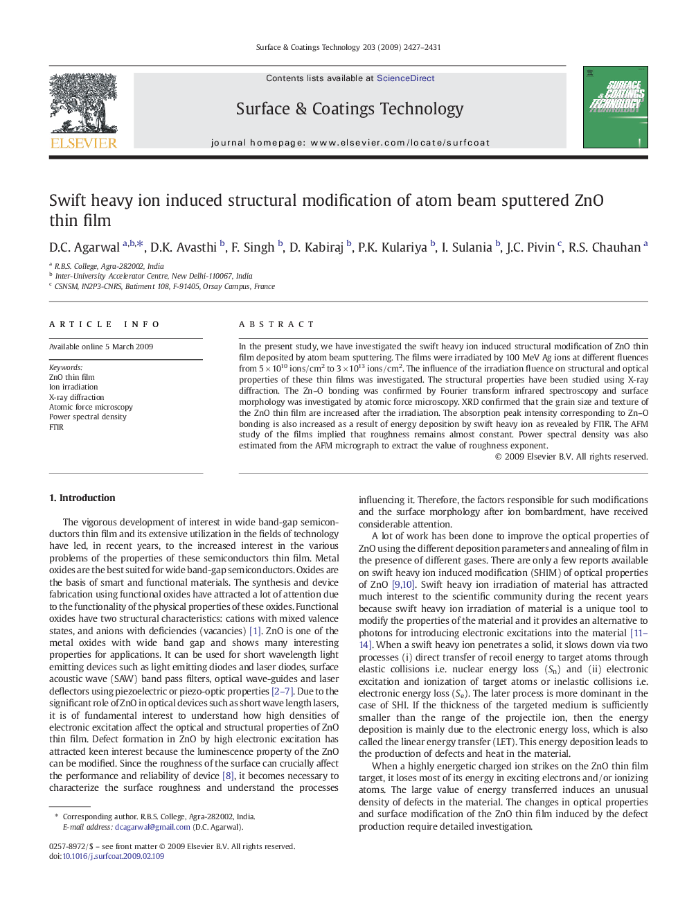 Swift heavy ion induced structural modification of atom beam sputtered ZnO thin film