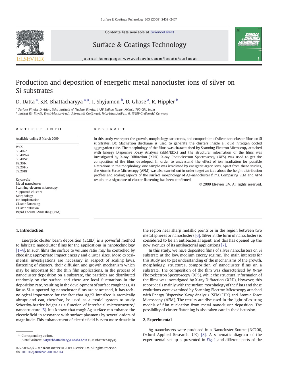 Production and deposition of energetic metal nanocluster ions of silver on Si substrates