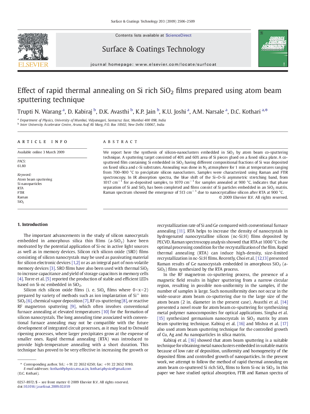 Effect of rapid thermal annealing on Si rich SiO2 films prepared using atom beam sputtering technique