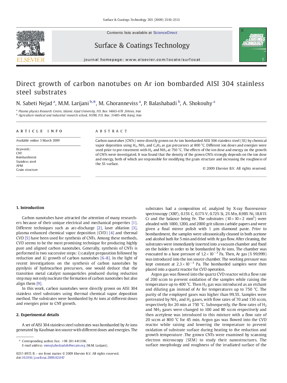 Direct growth of carbon nanotubes on Ar ion bombarded AISI 304 stainless steel substrates