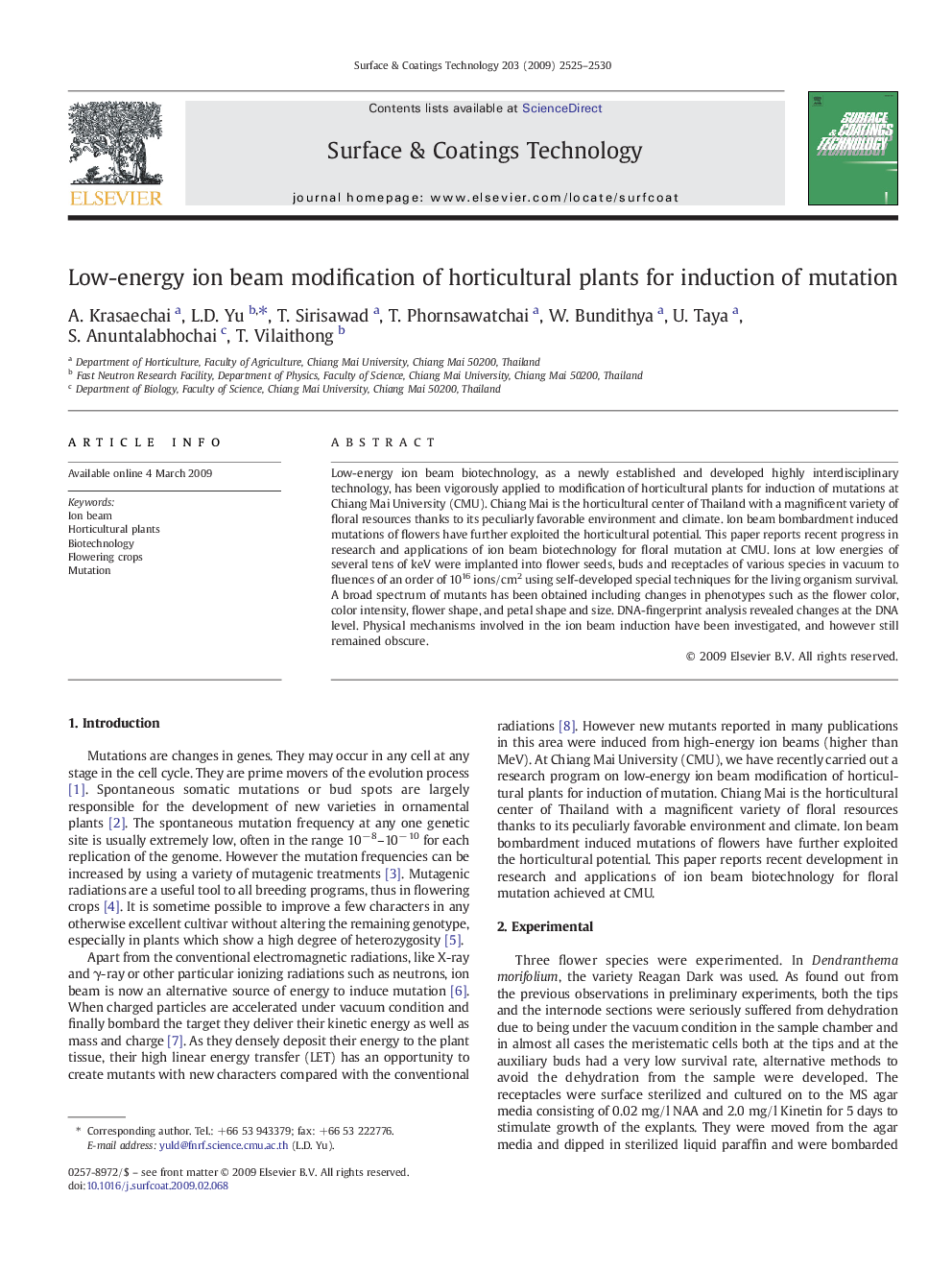 Low-energy ion beam modification of horticultural plants for induction of mutation