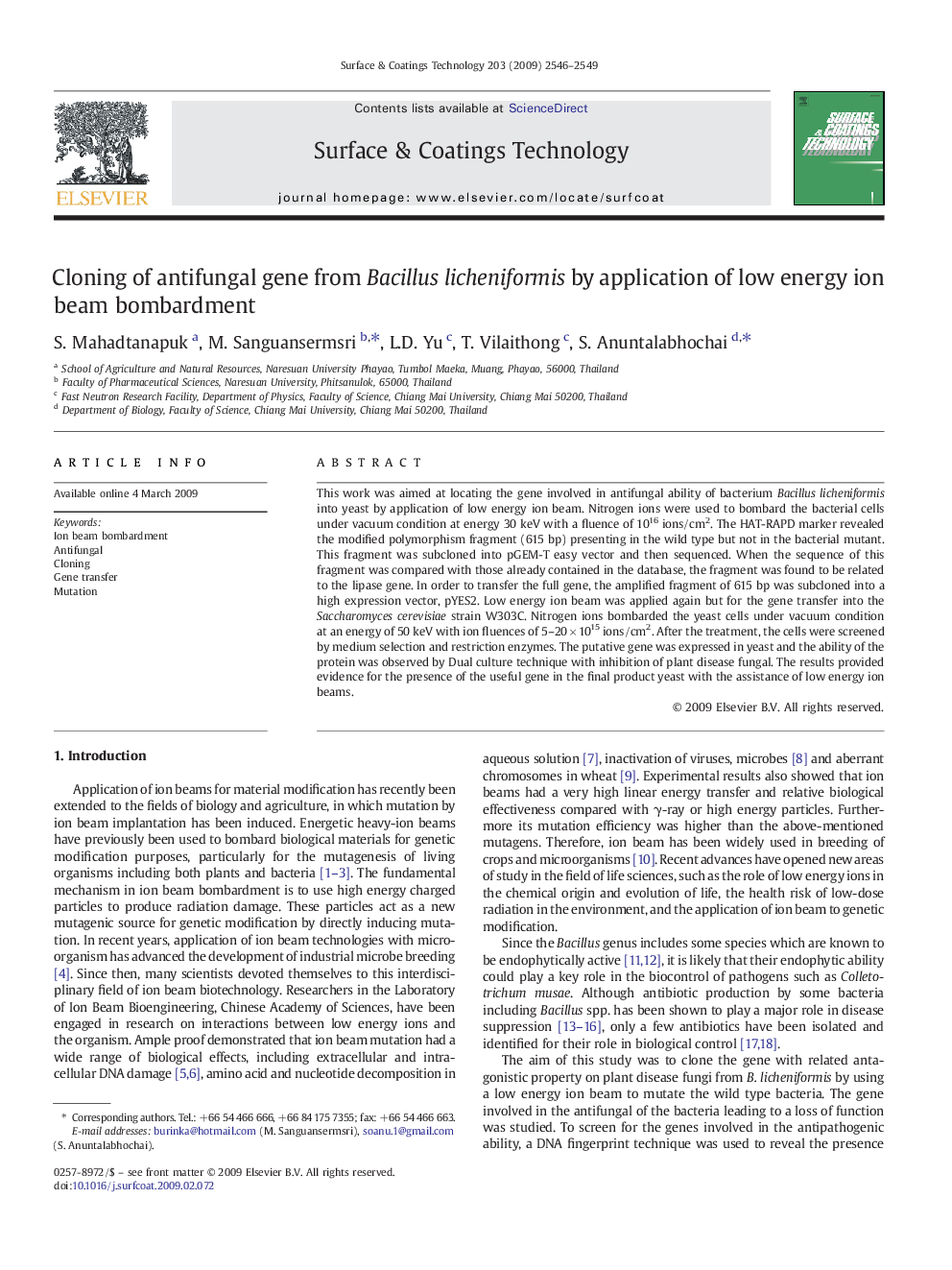 Cloning of antifungal gene from Bacillus licheniformis by application of low energy ion beam bombardment