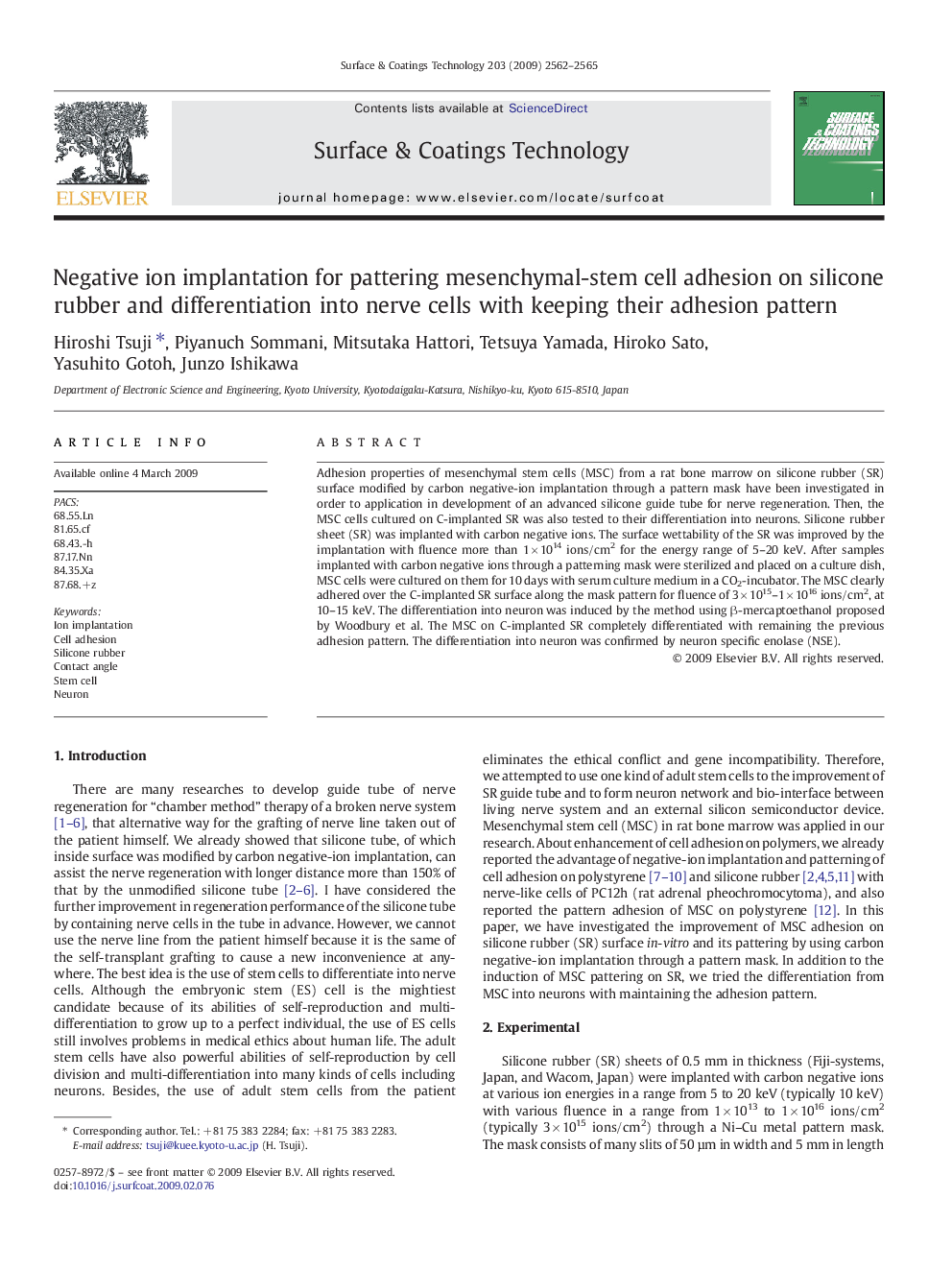 Negative ion implantation for pattering mesenchymal-stem cell adhesion on silicone rubber and differentiation into nerve cells with keeping their adhesion pattern