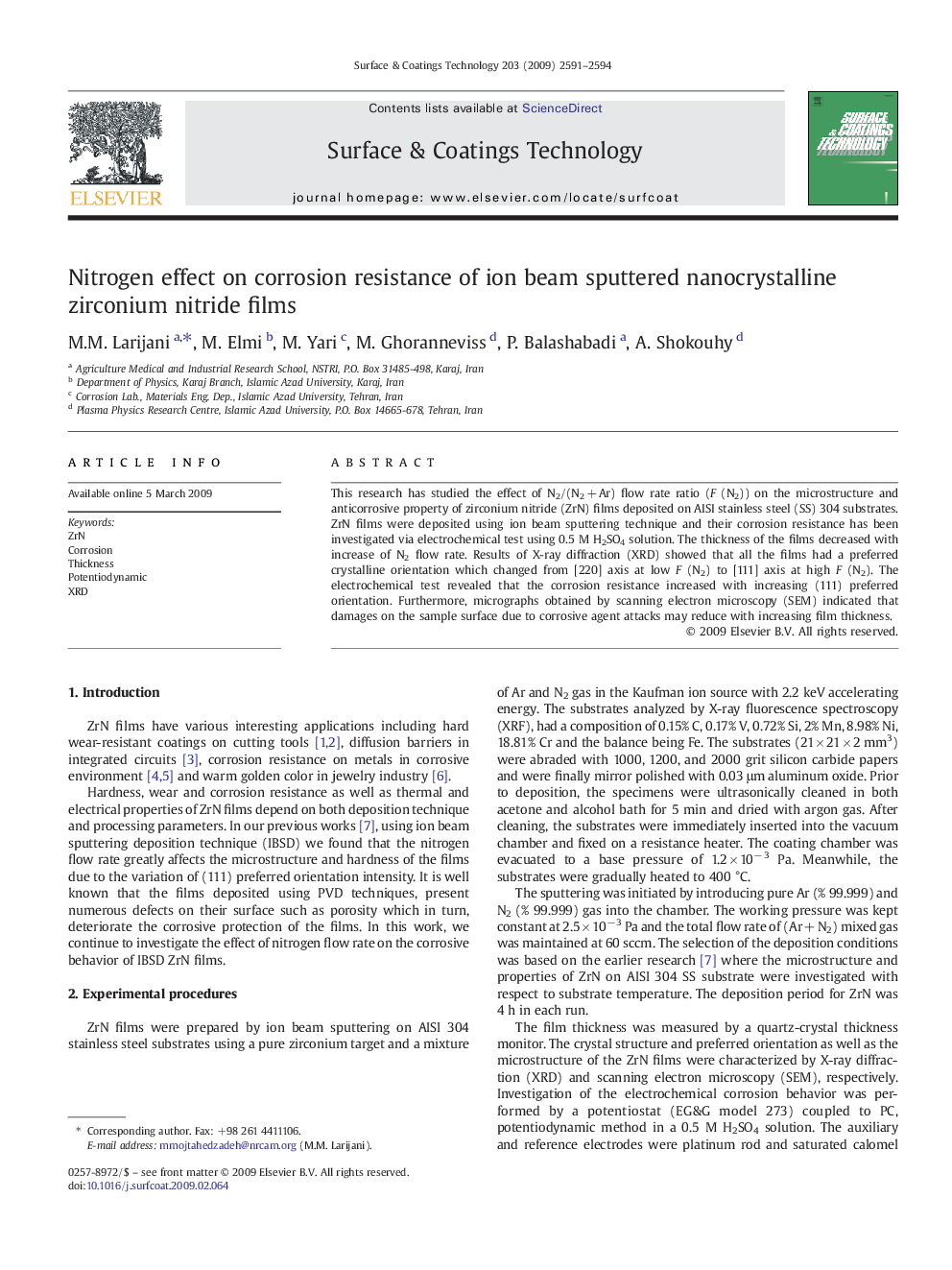 Nitrogen effect on corrosion resistance of ion beam sputtered nanocrystalline zirconium nitride films