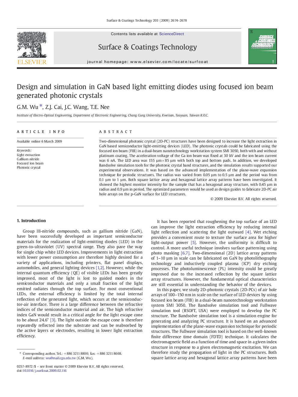 Design and simulation in GaN based light emitting diodes using focused ion beam generated photonic crystals