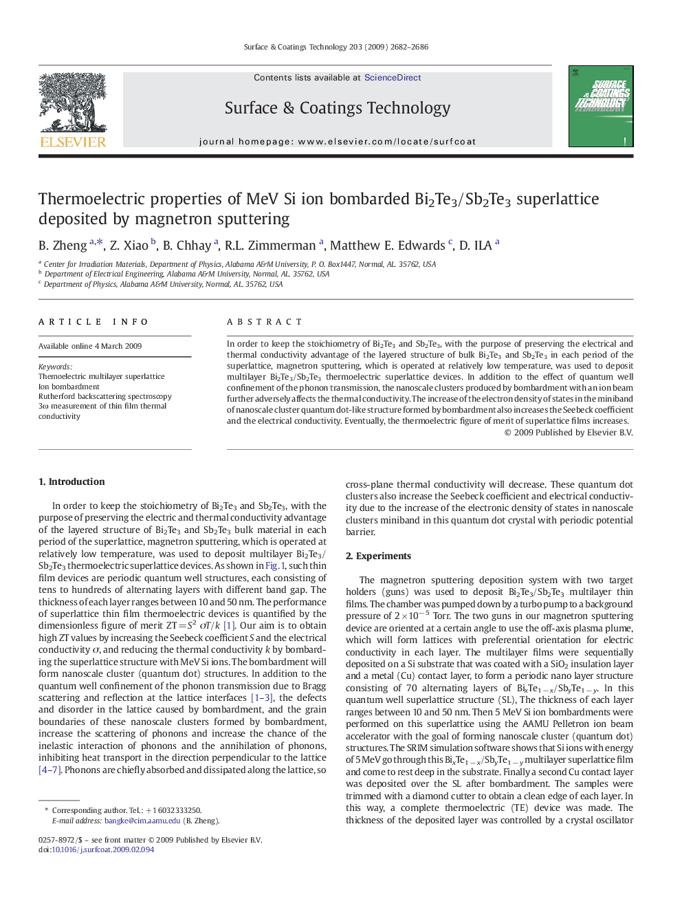 Thermoelectric properties of MeV Si ion bombarded Bi2Te3/Sb2Te3 superlattice deposited by magnetron sputtering